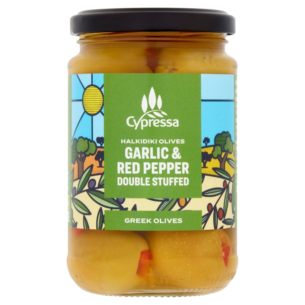 Cypressa Greek Halkidiki Olives Double Stuffed With Garlic And Red Pepper 315g